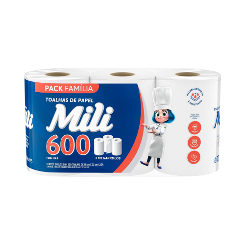 Papel Toalha Folha Dupla 600 Folhas (3 Rolos de 200 Folhas) – Mili