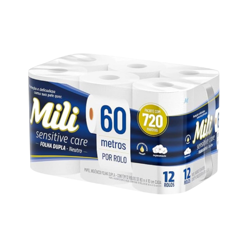 Papel Higiênico Folha Dupla 12 Rolos 60 Metros - Mili